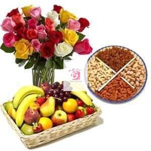 Fresh and healthy combo of fruit basket , flower bouquet and dry fruit basket ,this is the best idea for Ramadan Gift, Eid Gift, get well soon gift ,Congratulation gift ,mothers day fathers day Birthday gift ,best gift for your grand mother and grand father