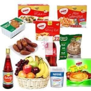 send iftaar gift basket deal to Pakistan include frozen food , parathay , fruit basket , yogurt an drink