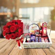 CHOCOLATE BASKET WITH flower bouquet