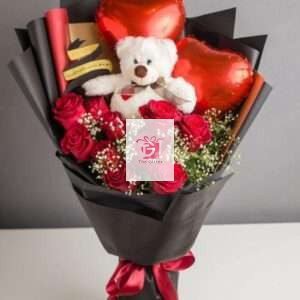 rose bouquet with balloon and teddy bear