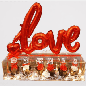 Customized cupcakes in acrylic box with tags and love balloon , best gift for anniversary , valentine day and birthday