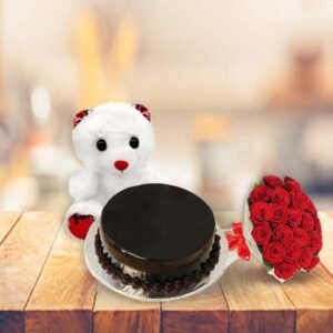 Cake and FLOWER Bouquet with Teddy Bear
