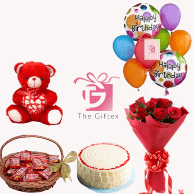 send Red Velvet Cake from balloons, kit kat chocolate basket, teddy bear and rose Bouquet to pakistan