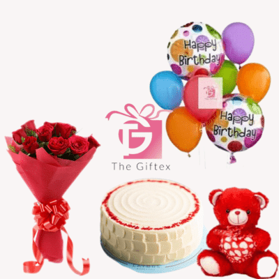 cake , flower , balloons , teddy bear delivery