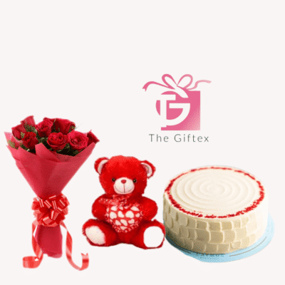 red velvet cake , flower and teddy bear delivery
