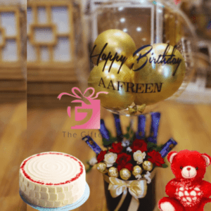 flower balloon box with cake and teddy bear