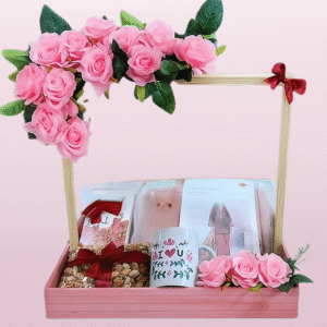 Pink Roses and Gift Hamper Arrangement