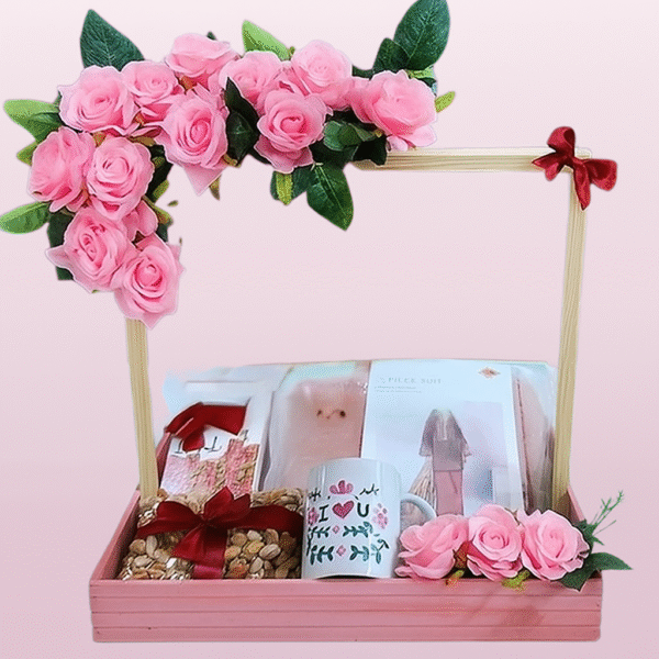 Pink Roses and Gift Hamper Arrangement