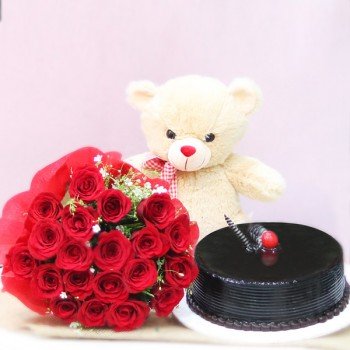 flower and cake , teddy bear combo