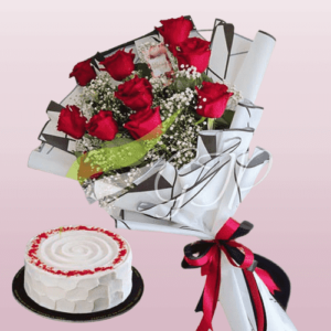 warm love . red velvet cak with rose bouqut