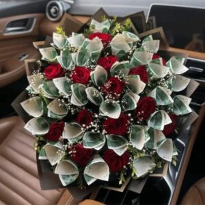 cash with rose bouquet