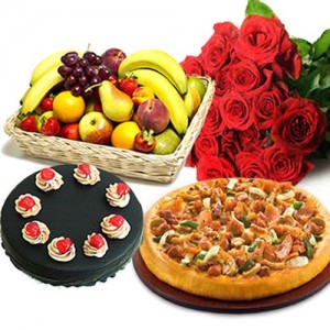 PIZZA WITH FRUIT BASKET, ROSES AND CAKE