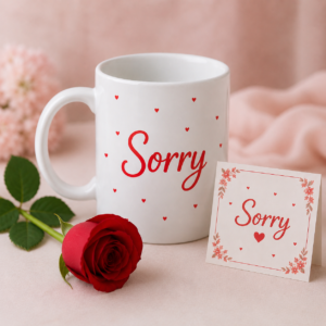 little sorry gift including mug , rose and card