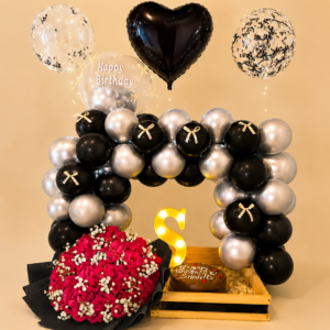 Balloon Basket with Cake & Roses