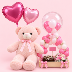 3-Foot Pink Teddy with Birthday Gift Basket – Cake & Balloons