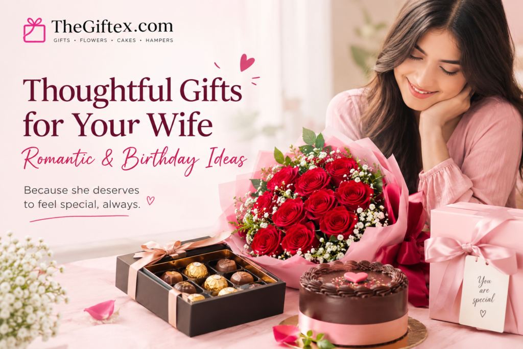 Thoughtful gifts for your wife featuring red roses, chocolates, a chocolate cake, and a pink gift box.